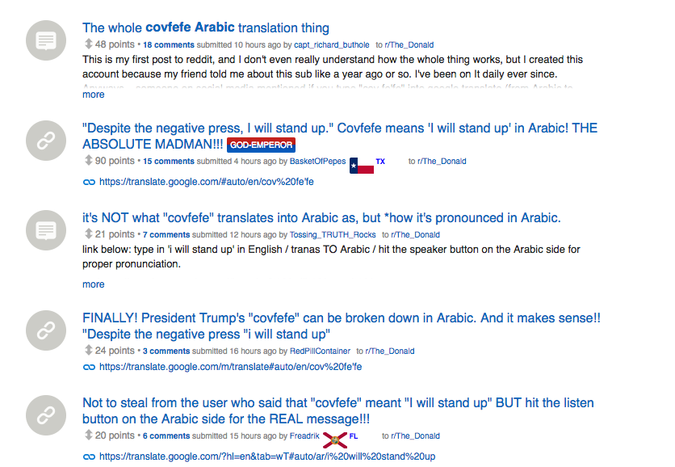 Usuarios de Reddit debatiendo sobre el supuesto significado árabe de la palabra covfefe